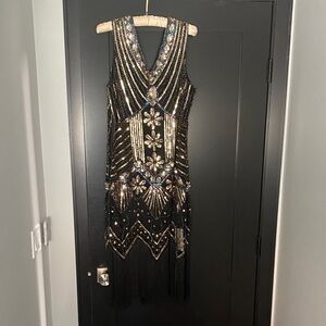 Glamorous V Neck Black and Gold Embellished Midi Dress with Fringe